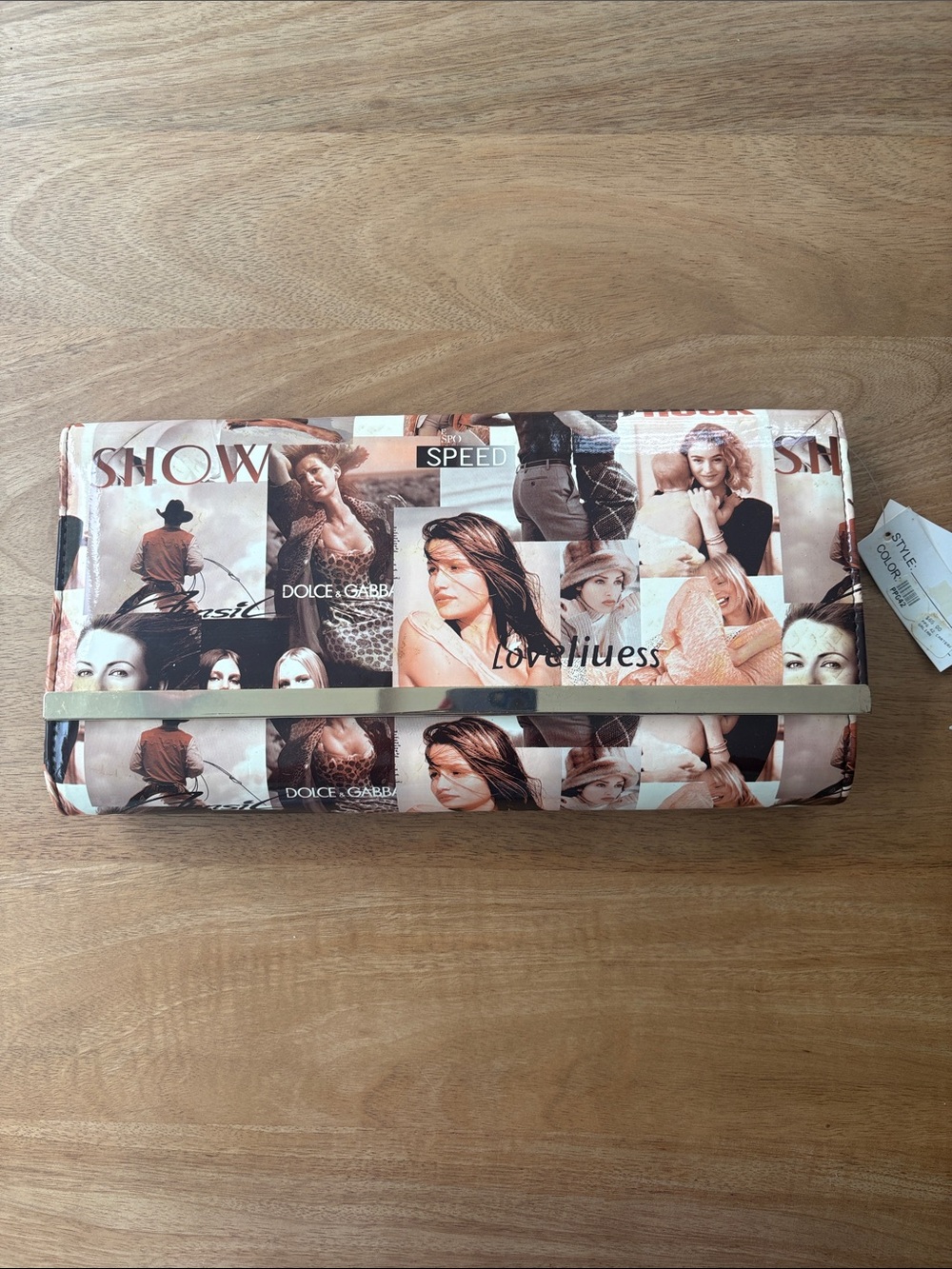 Printed Fold-Over Clutch in Beige and Peach Tones